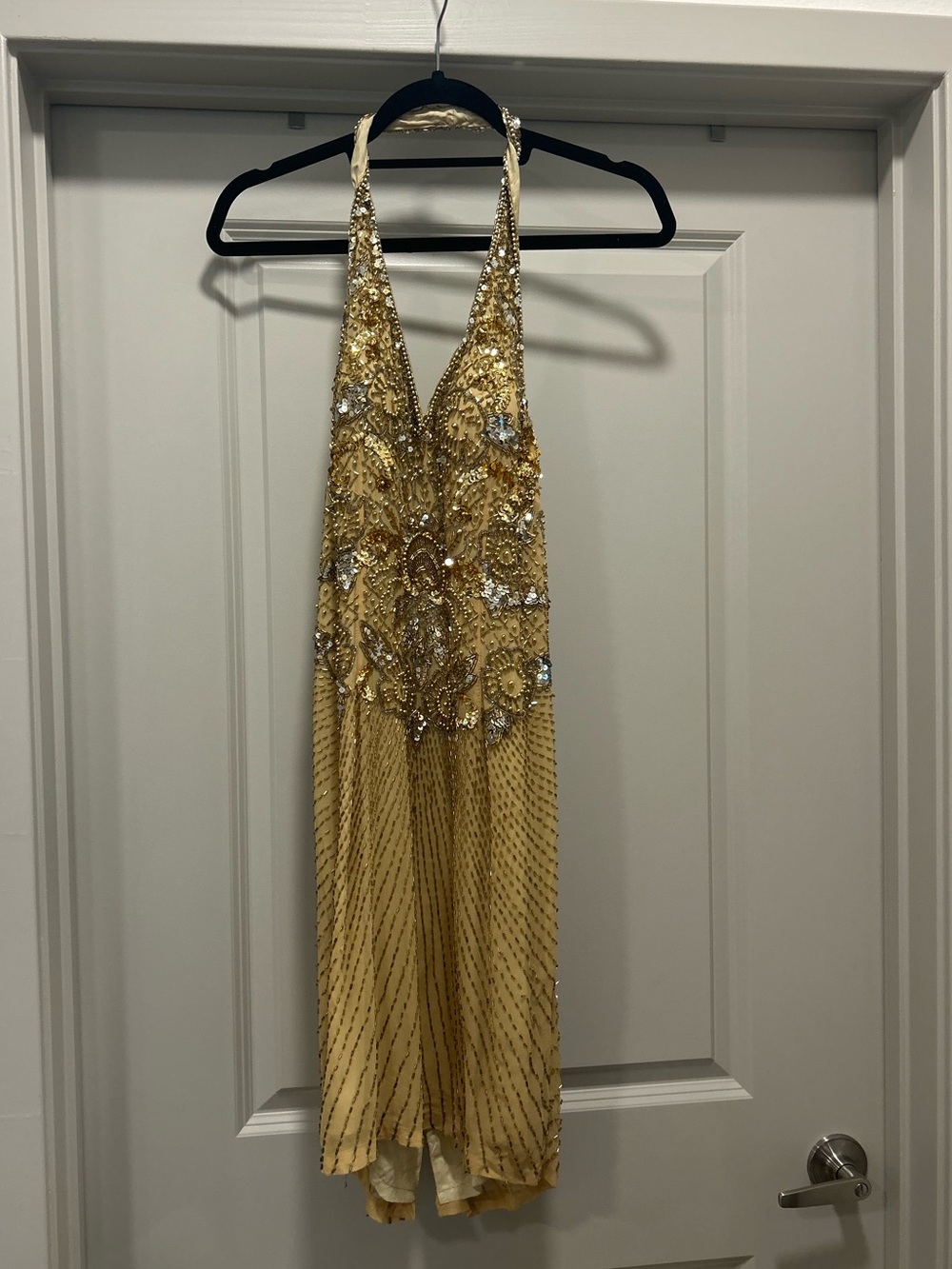 Vintage 100% Silk Beaded Niteline Gold Halter Sequin Dress